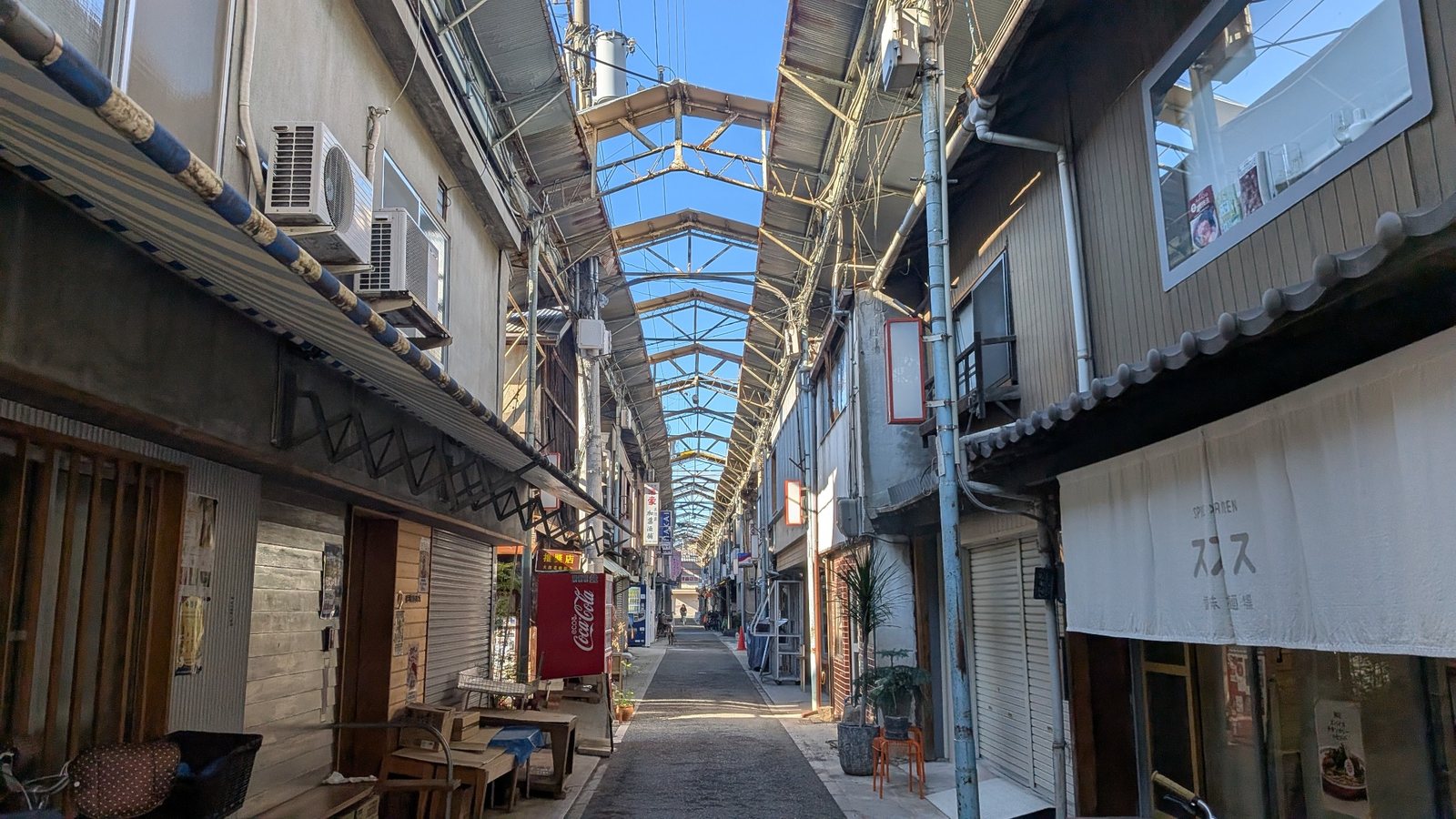 A quiet covered shopping arcade in Osaka